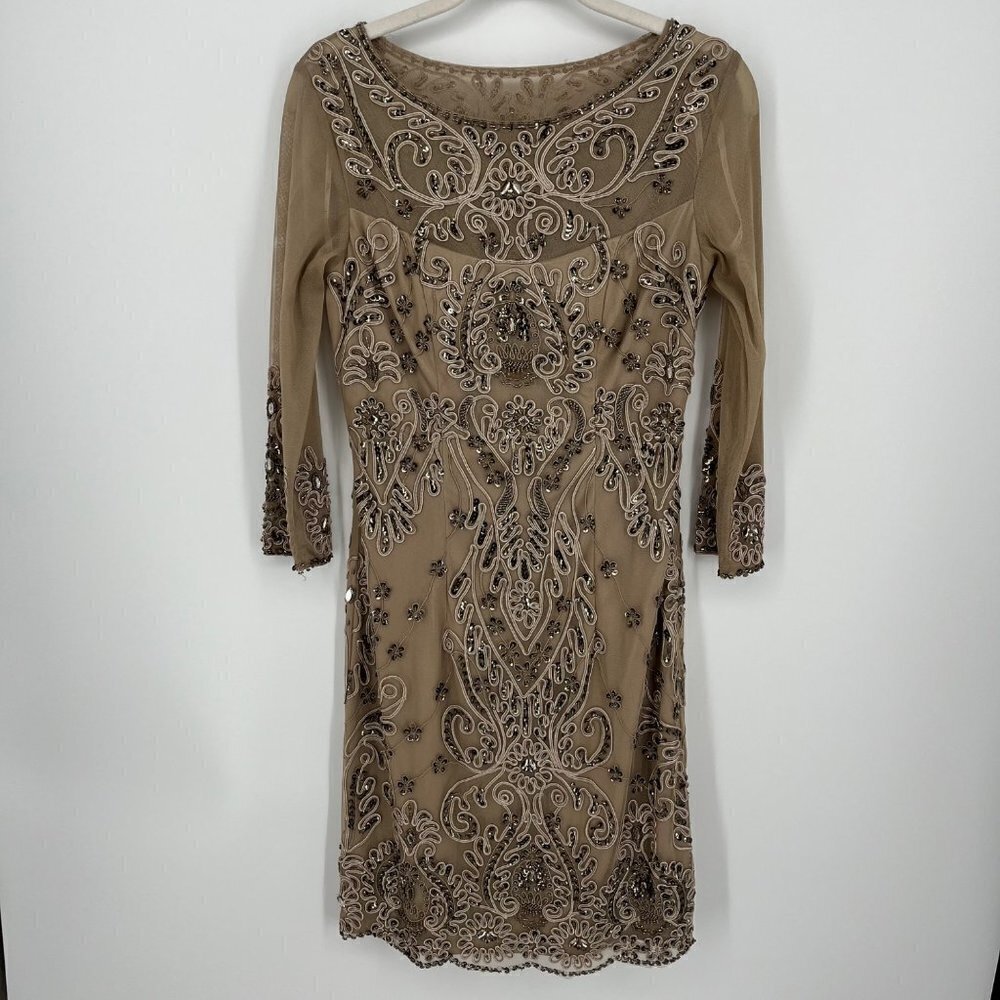 Sue Wong Taupe Beaded Embellished Mini Dress